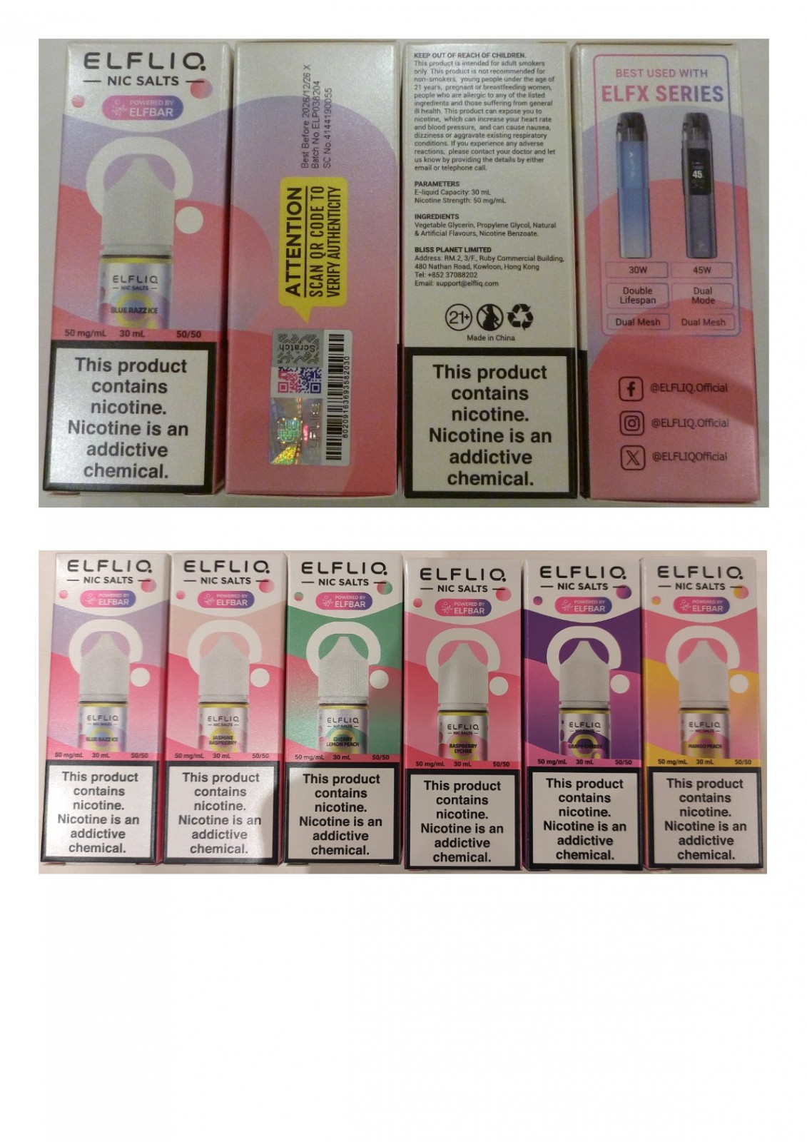 Náhradní náplň elektronické cigarety zn. ELFLIQ NIC SALTS, 50 mg/ml, 30 ml: Fotografie
