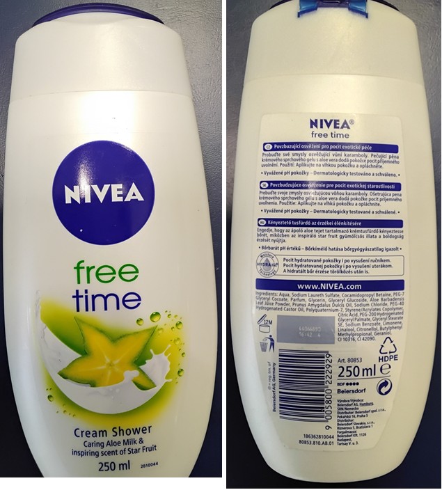 Sprchový gel NIVEA, free time, Cream Shower, Caring Aloe Milk & inspiring scent of Star Fruit: Fotografie