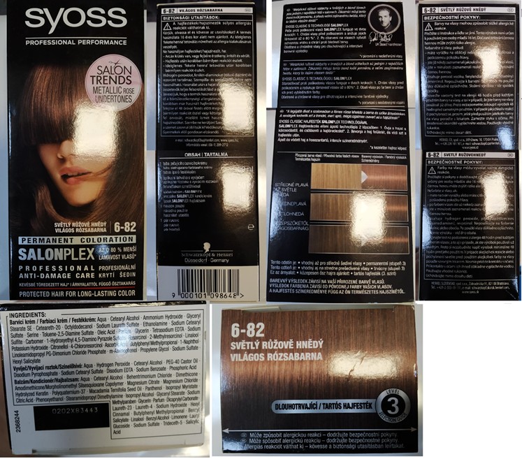 Barva na vlasy SyOSS, PROFESSIONAL PERFORMANCE, PERMANENT COLORATION, SALONPLEX, 6-82 SVĚTLÝ RŮŽOVĚ HNĚDÝ: Fotografie