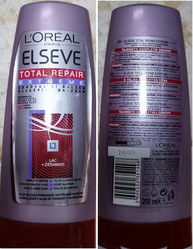 Kondicionér na vlasy L’ORÉAL PARIS ELSEVE, TOTAL REPAIR EXTREME, OBNOVUJÍCÍ BALZÁM: Fotografie